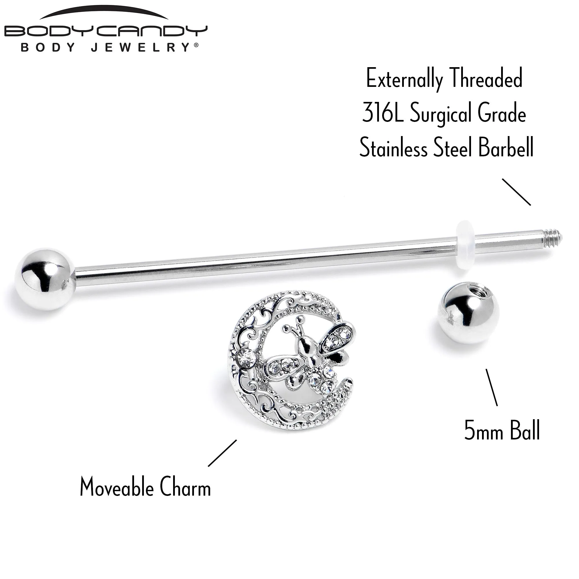 14 Gauge Clear Gem Lunar Dragonfly Industrial Barbell 38mm