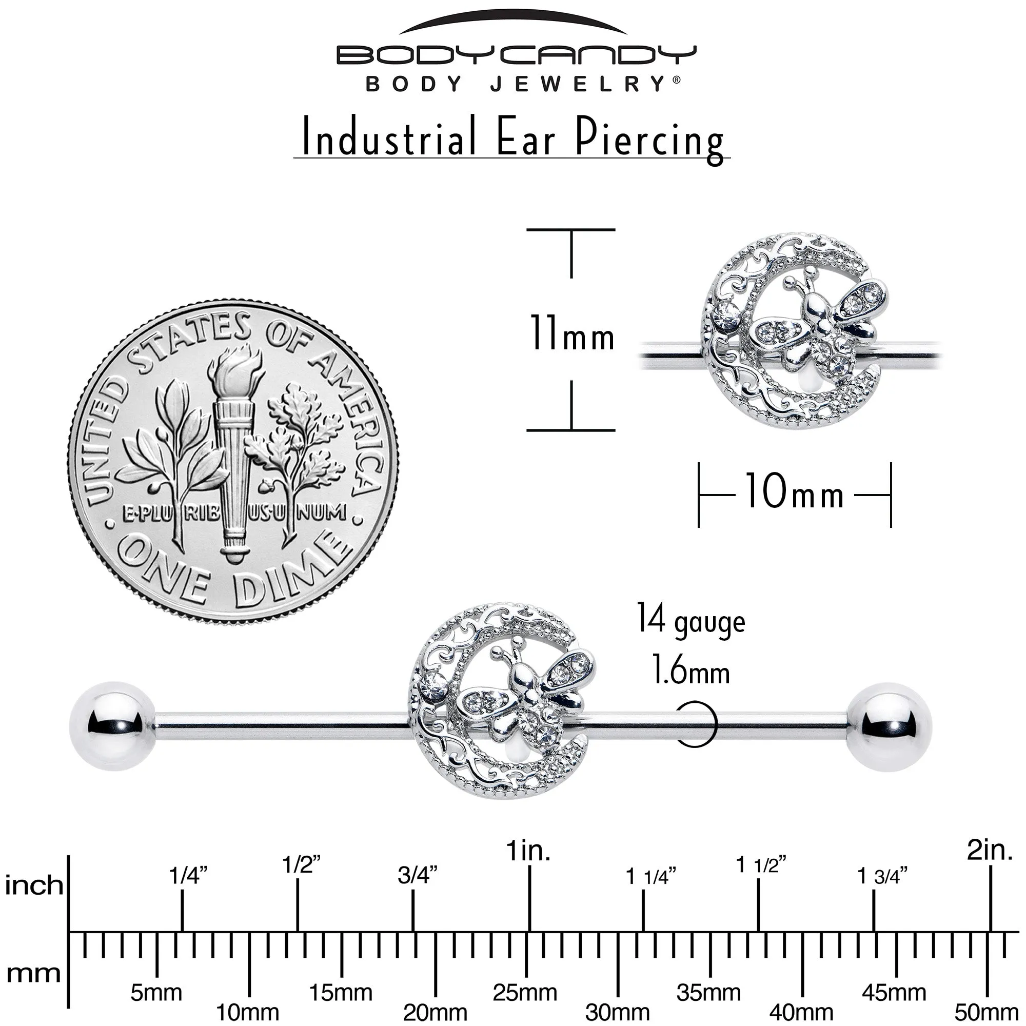 14 Gauge Clear Gem Lunar Dragonfly Industrial Barbell 38mm