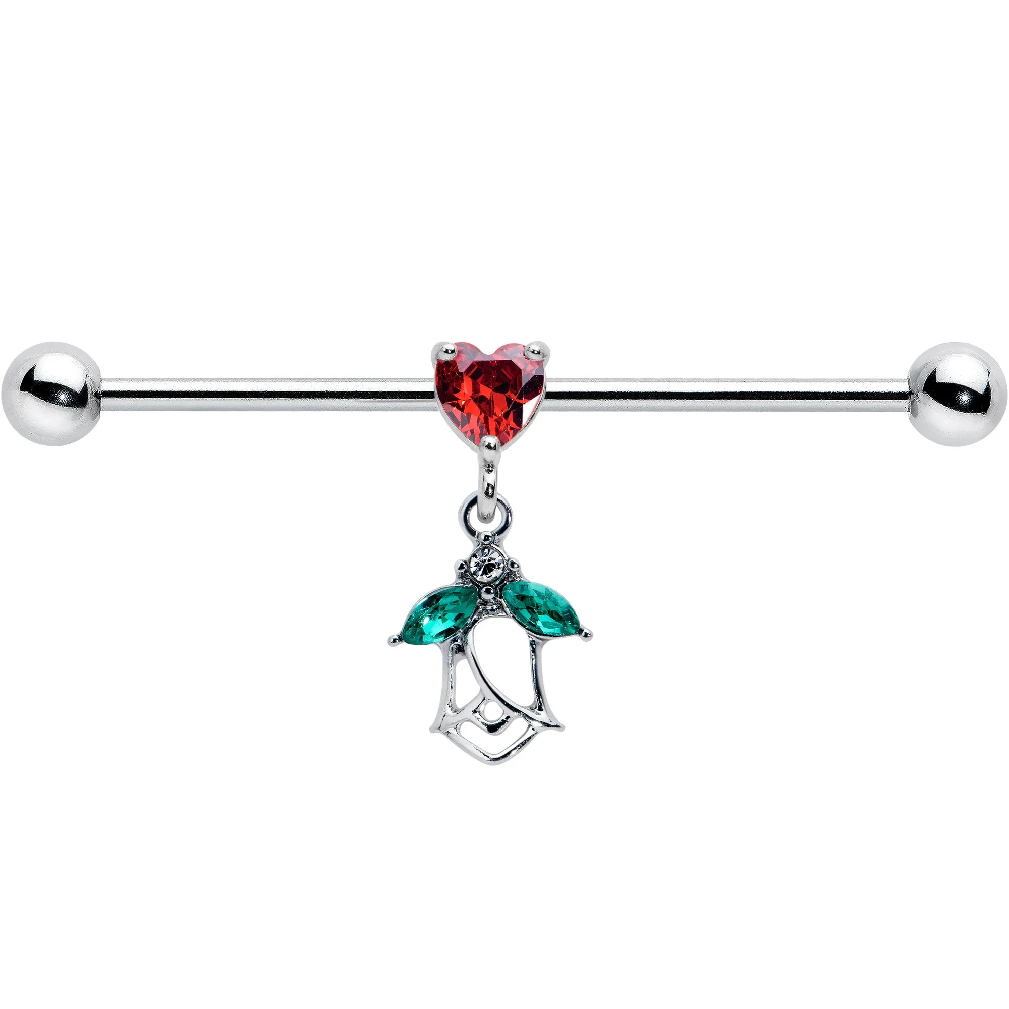 14 Gauge Red CZ Gem Heart And Rose Dangle Industrial Barbell 38mm