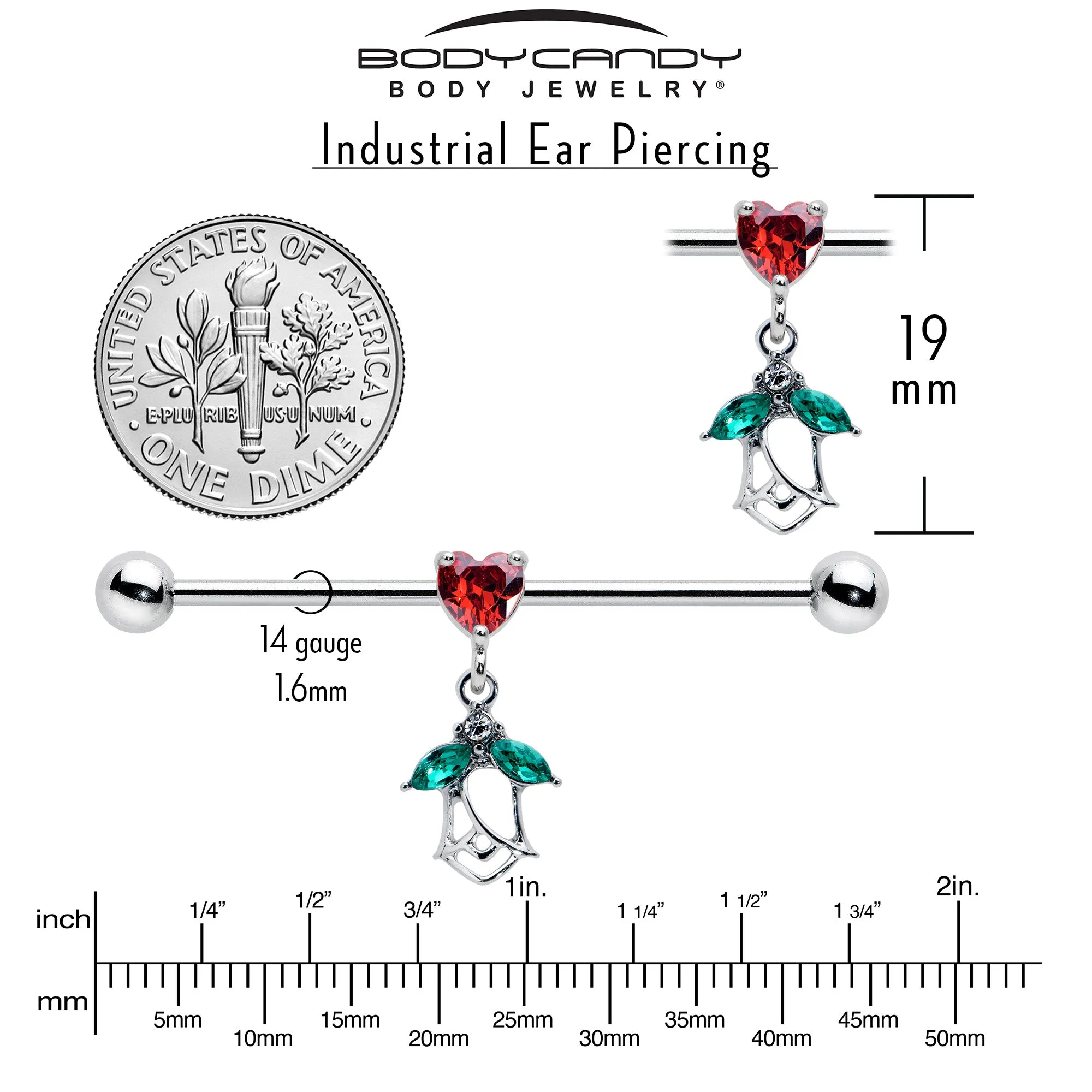 14 Gauge Red CZ Gem Heart And Rose Dangle Industrial Barbell 38mm
