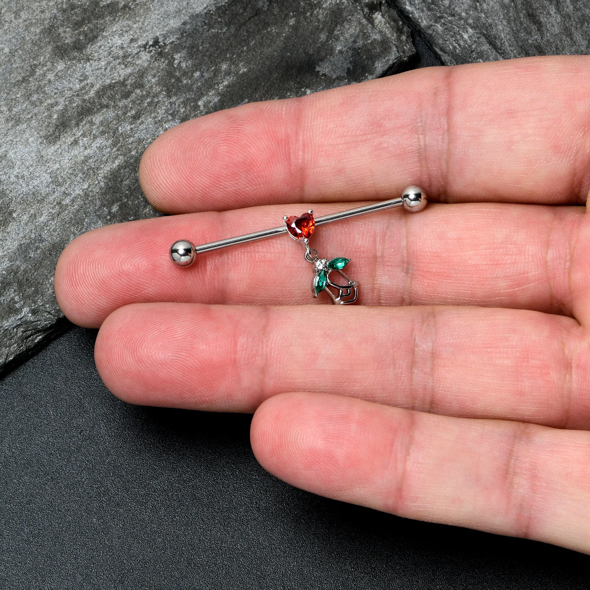 14 Gauge Red CZ Gem Heart And Rose Dangle Industrial Barbell 38mm