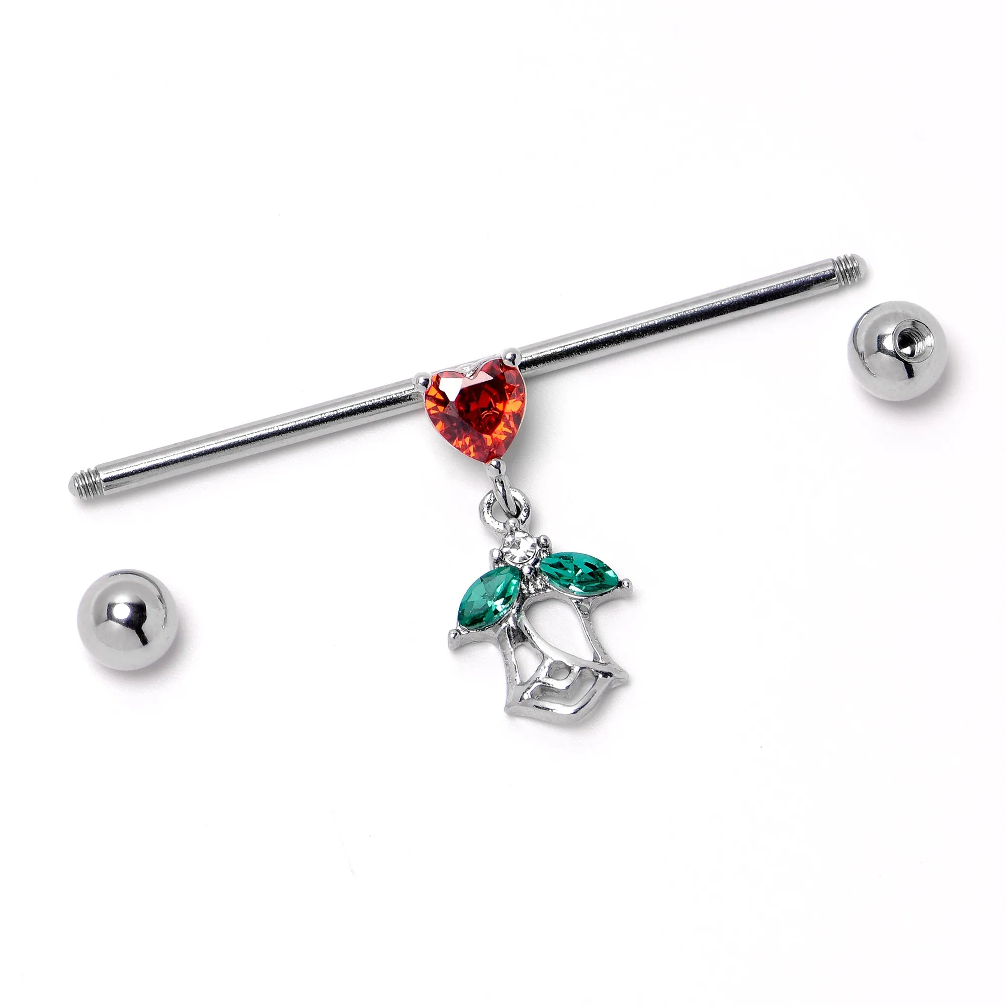 14 Gauge Red CZ Gem Heart And Rose Dangle Industrial Barbell 38mm