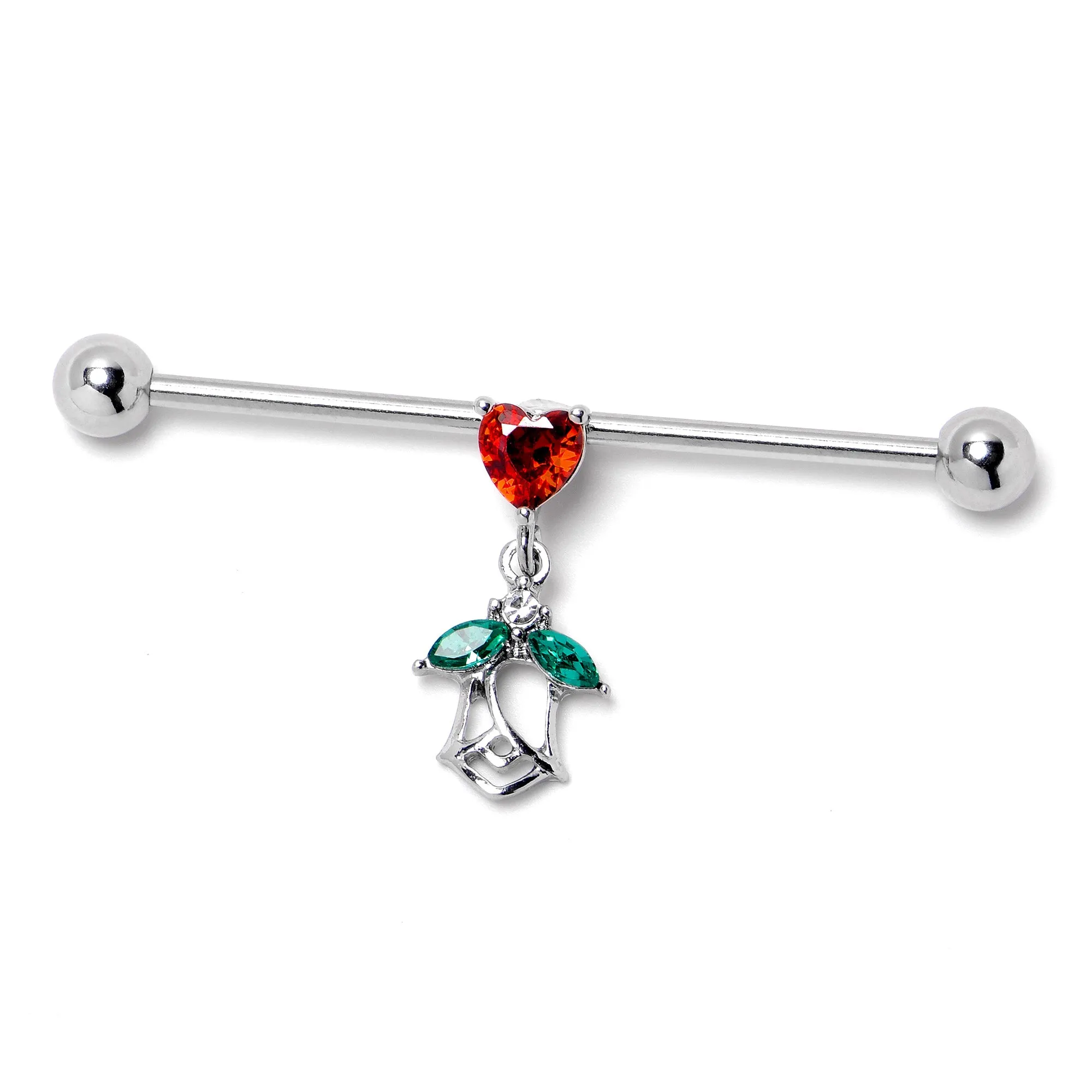 14 Gauge Red CZ Gem Heart And Rose Dangle Industrial Barbell 38mm