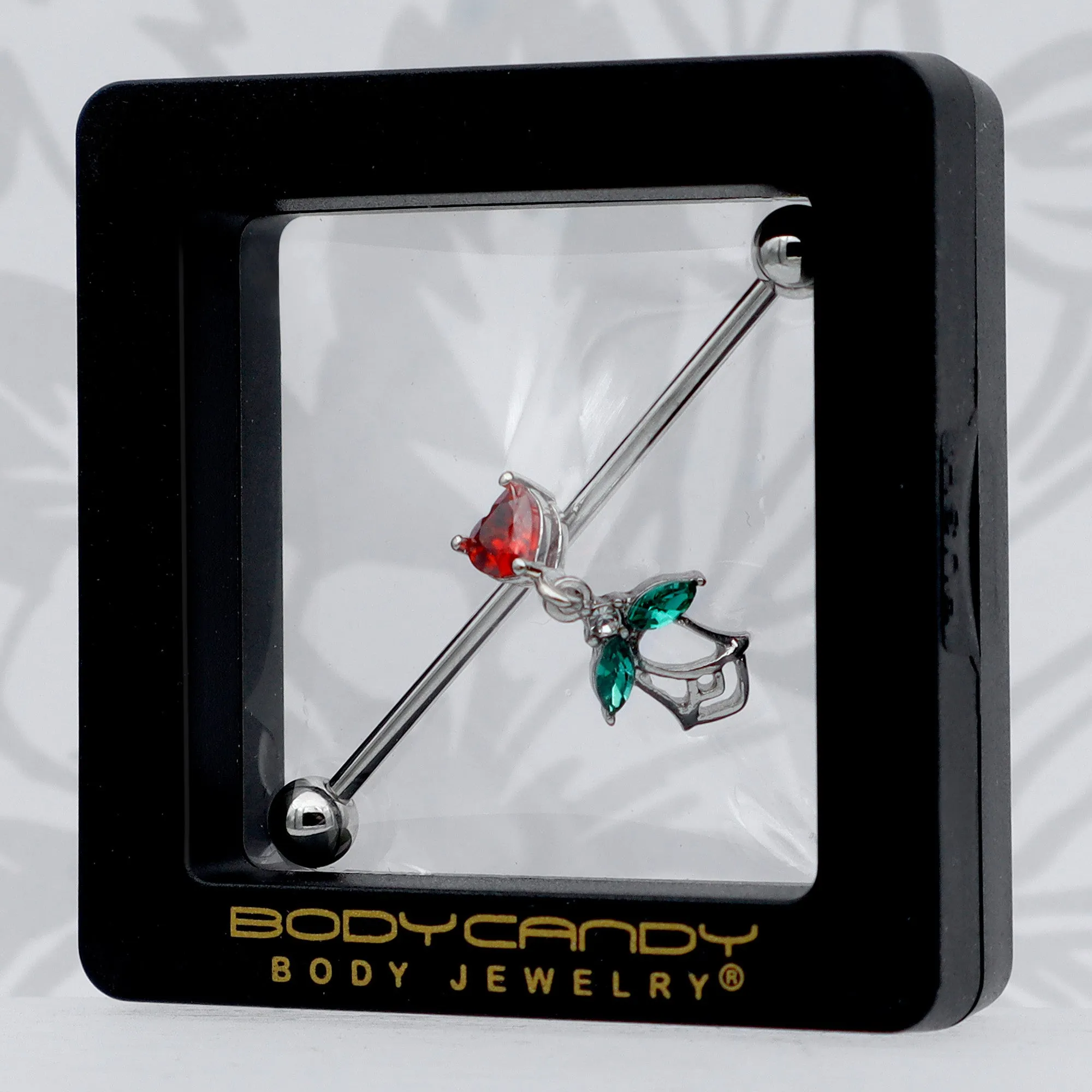 14 Gauge Red CZ Gem Heart And Rose Dangle Industrial Barbell 38mm