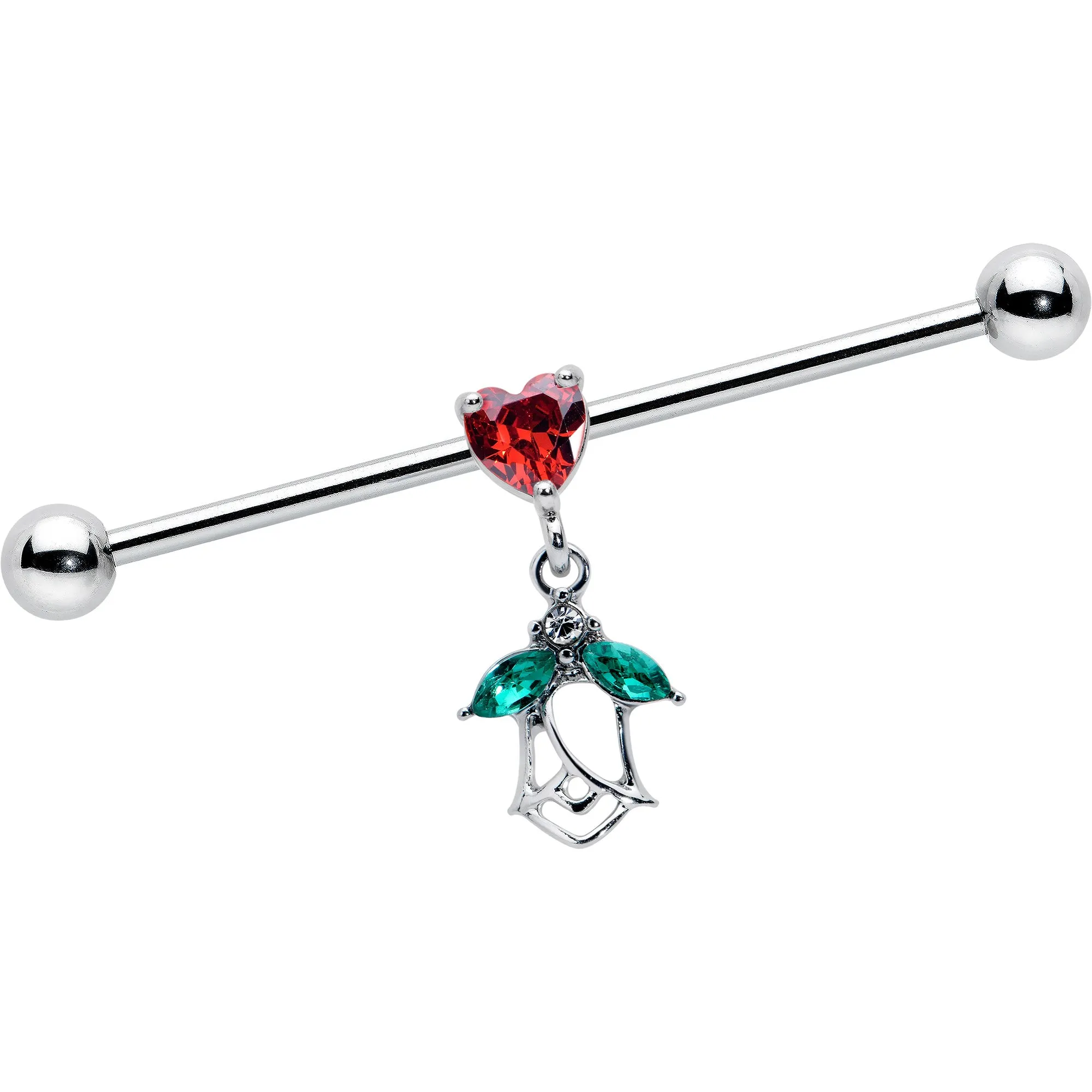 14 Gauge Red CZ Gem Heart And Rose Dangle Industrial Barbell 38mm