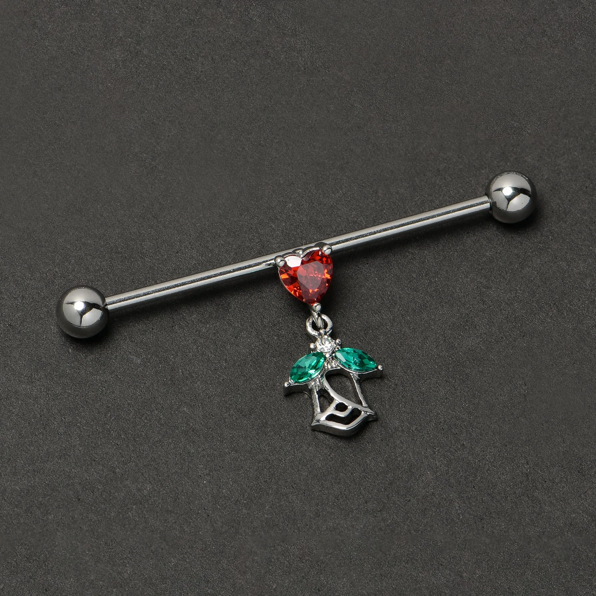 14 Gauge Red CZ Gem Heart And Rose Dangle Industrial Barbell 38mm