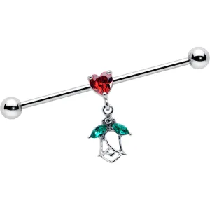14 Gauge Red CZ Gem Heart And Rose Dangle Industrial Barbell 38mm