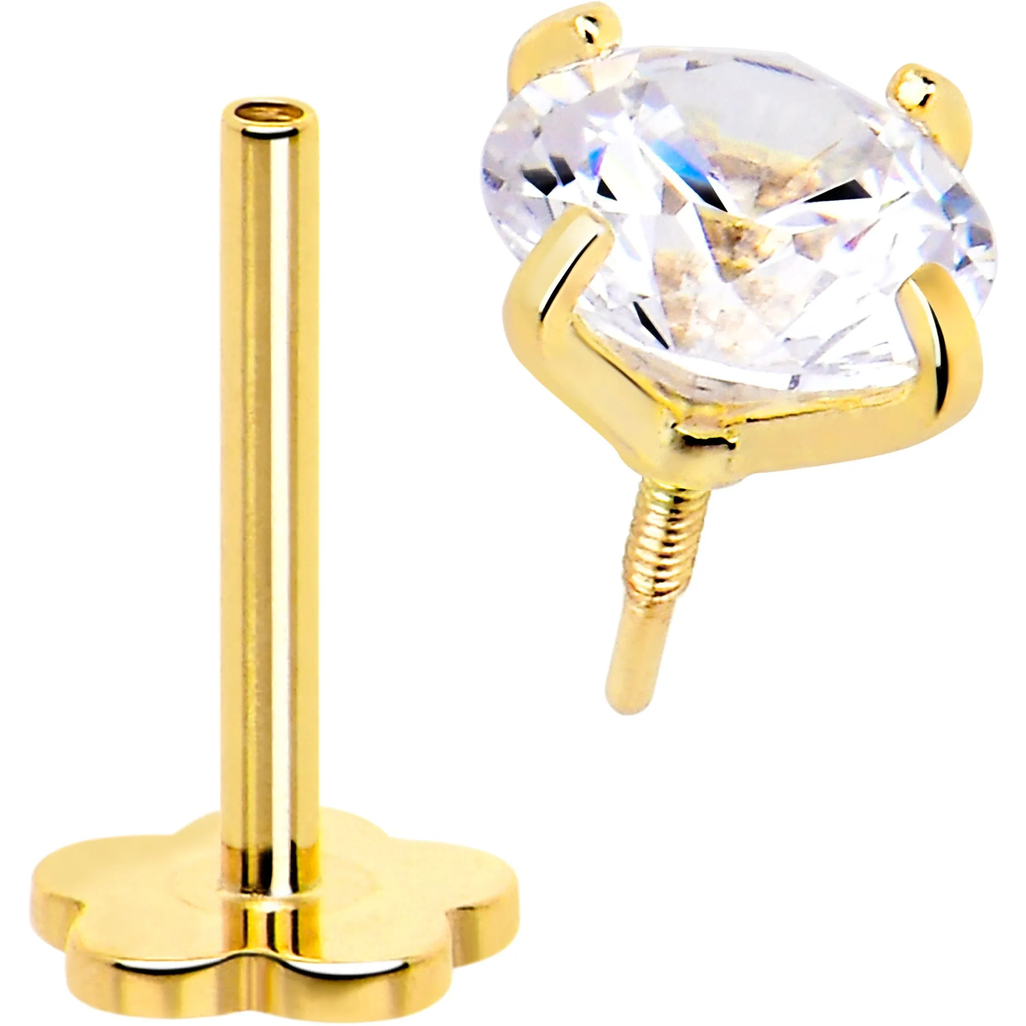 14k Yellow Gold Flat Back Earring 20 gauge 4mm CZ Floral Reversible