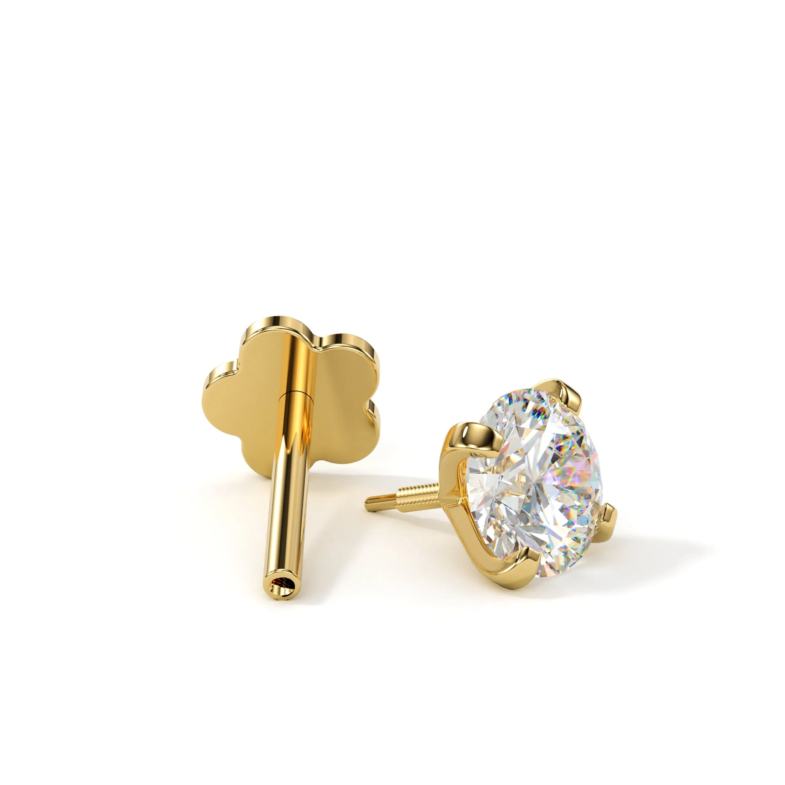 14k Yellow Gold Flat Back Earring 20 gauge 4mm CZ Floral Reversible