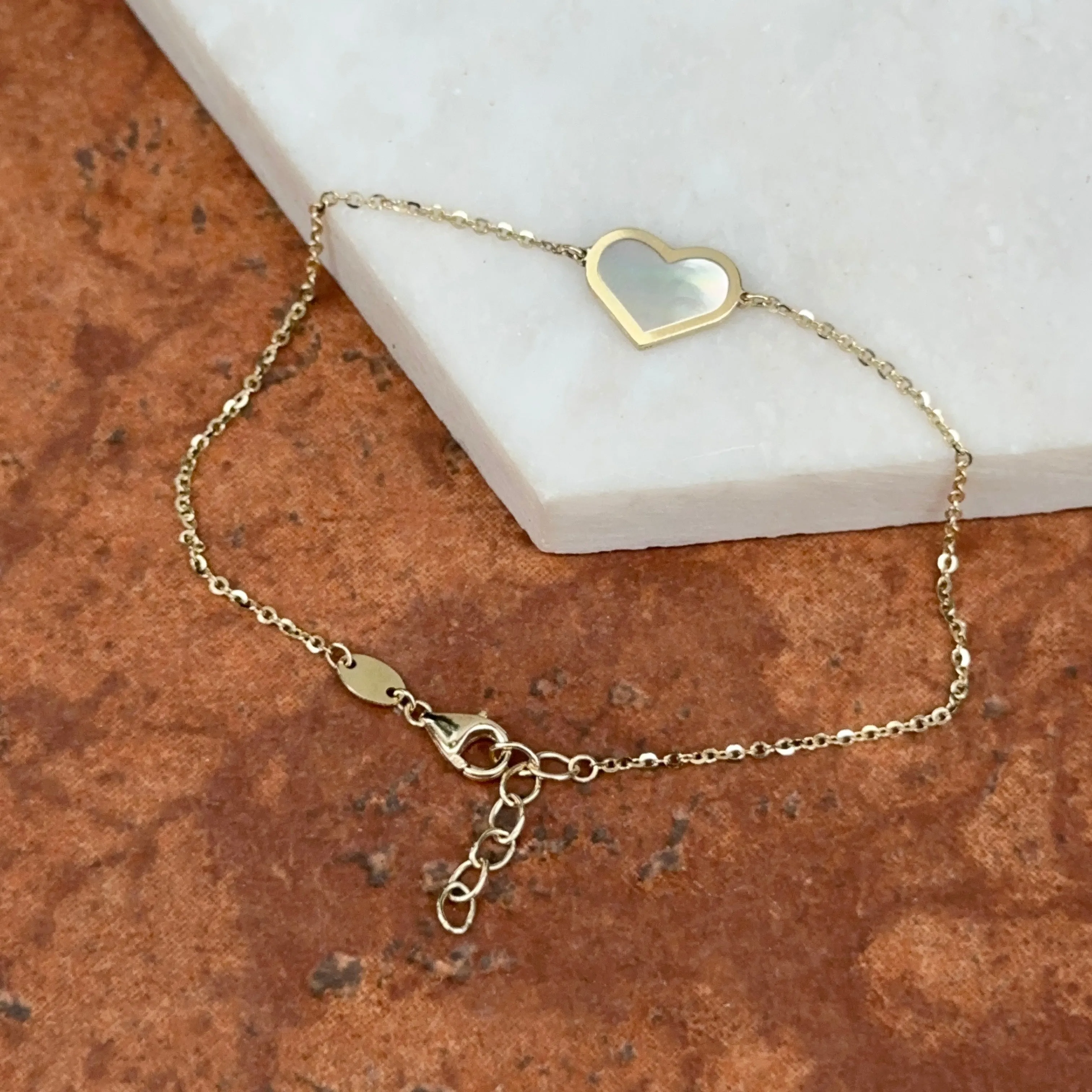 14KT Yellow Gold Genuine Mother of Pearl Heart Station Chain Bracelet