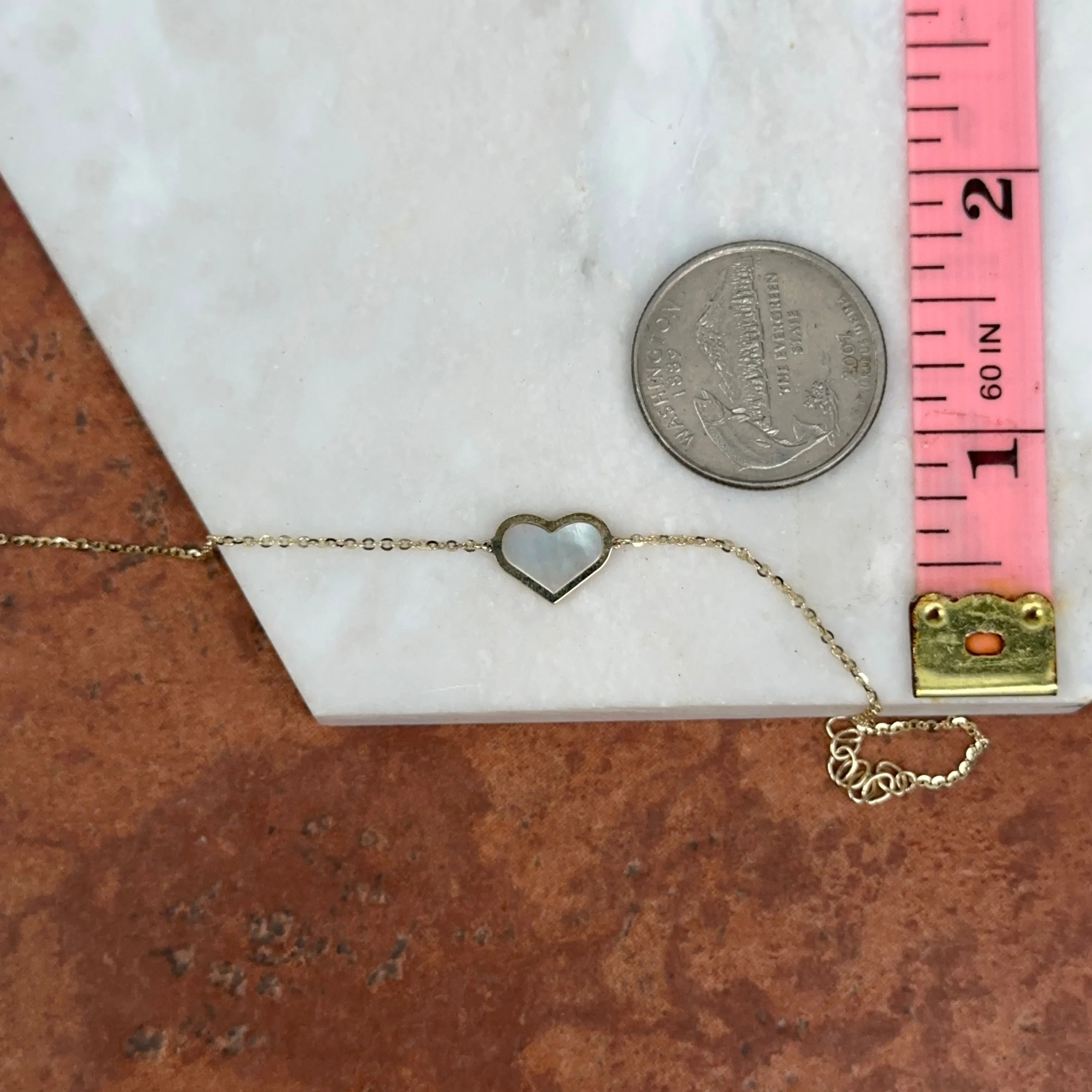 14KT Yellow Gold Genuine Mother of Pearl Heart Station Chain Bracelet