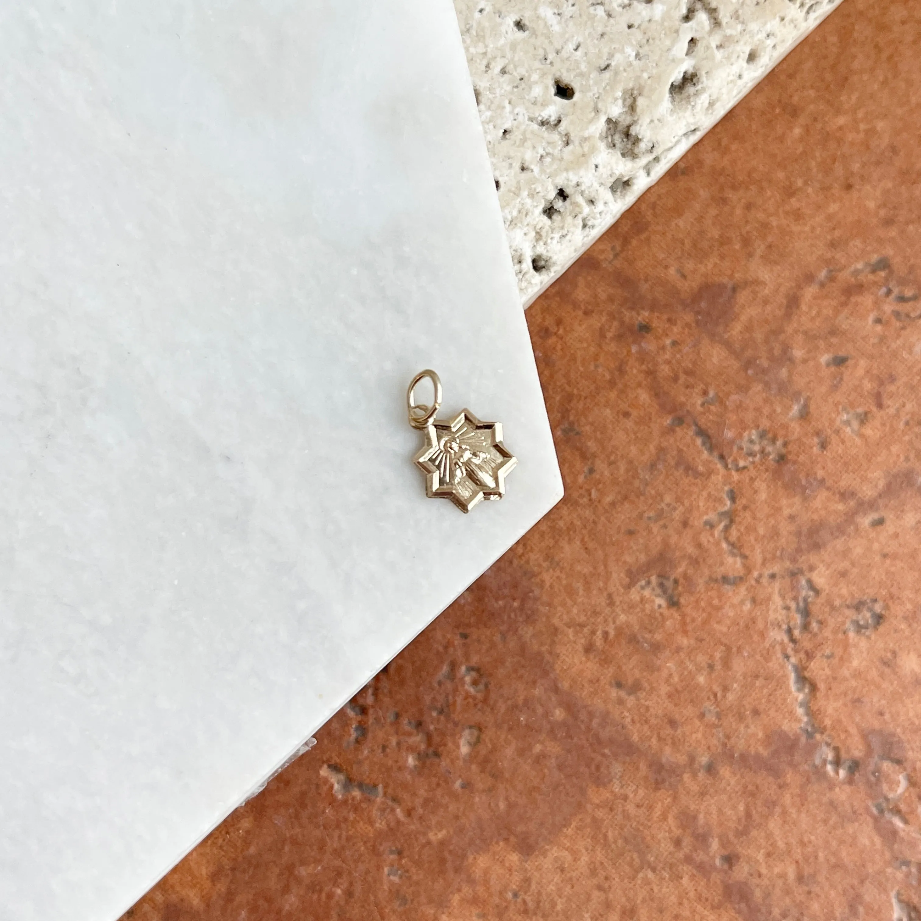 14KT Yellow Gold Mini Star Blessed Mary Pendant Charm