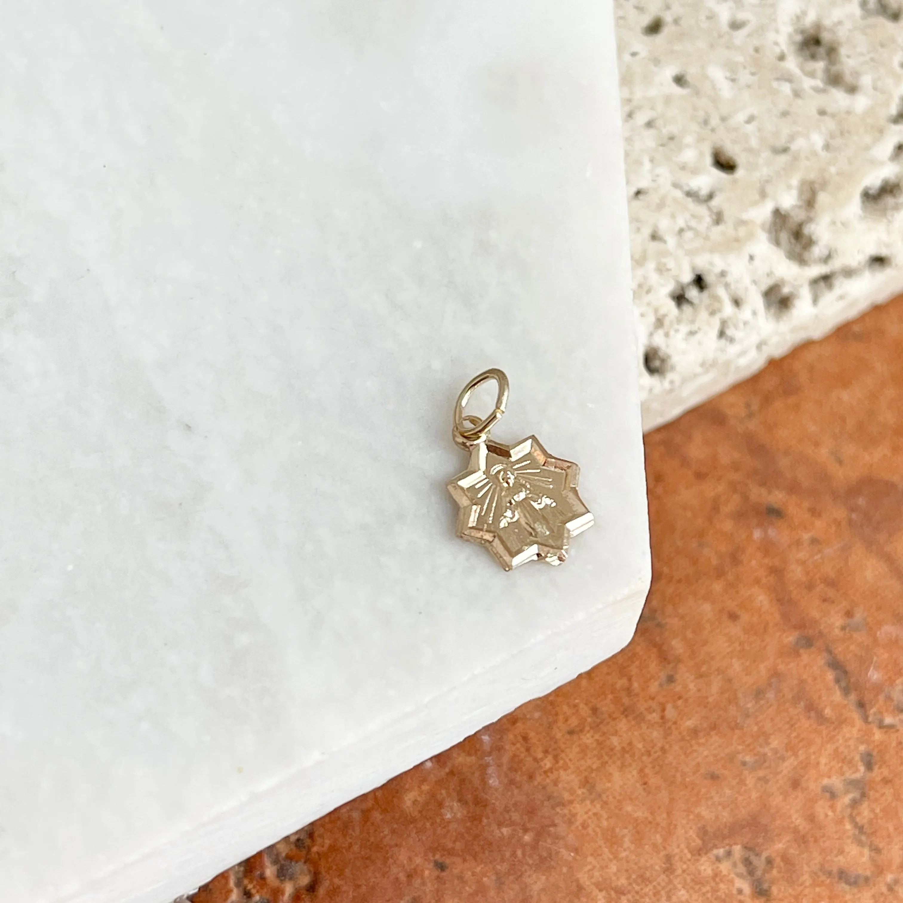 14KT Yellow Gold Mini Star Blessed Mary Pendant Charm