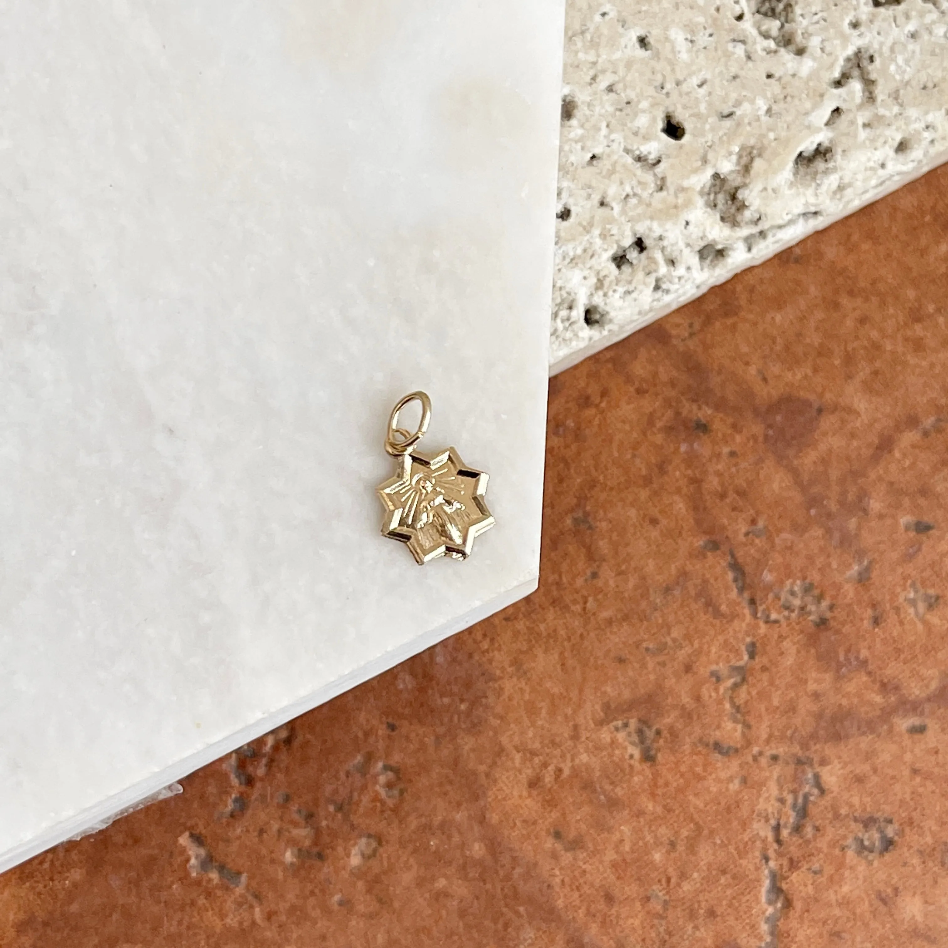 14KT Yellow Gold Mini Star Blessed Mary Pendant Charm