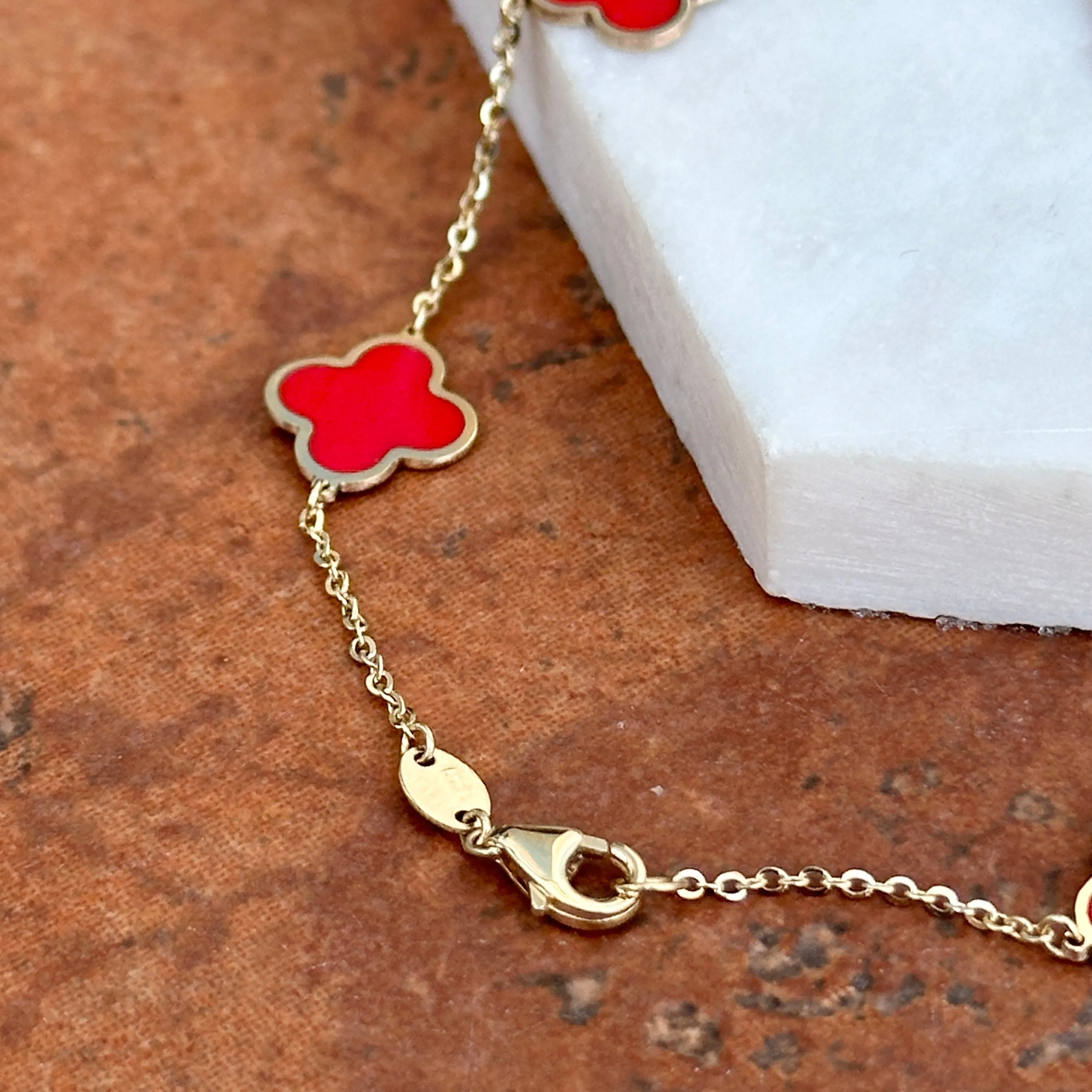 14KT Yellow Gold Red Enamel 10mm 4 Leaf Clover Charm Chain Bracelet