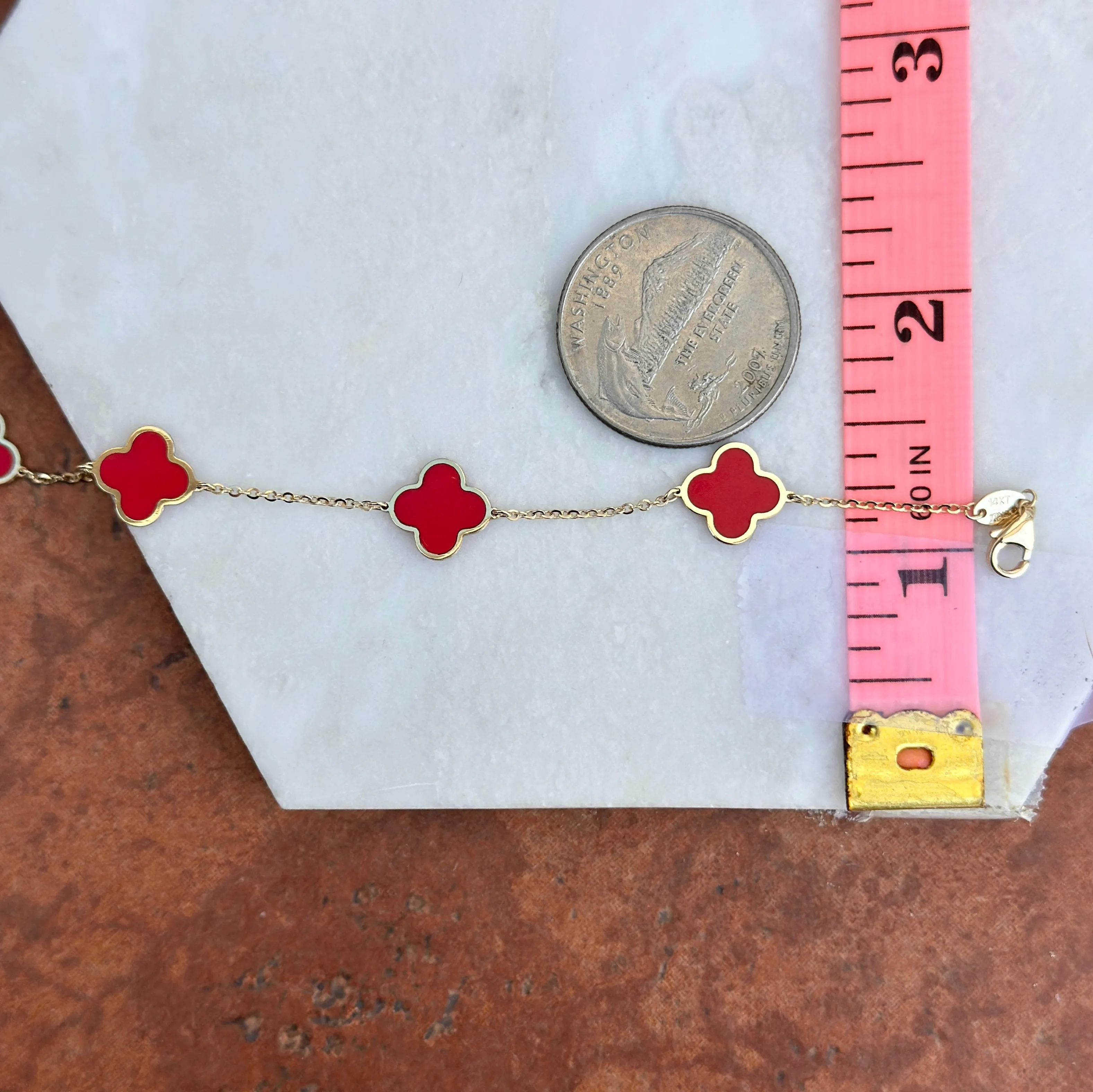 14KT Yellow Gold Red Enamel 10mm 4 Leaf Clover Charm Chain Bracelet