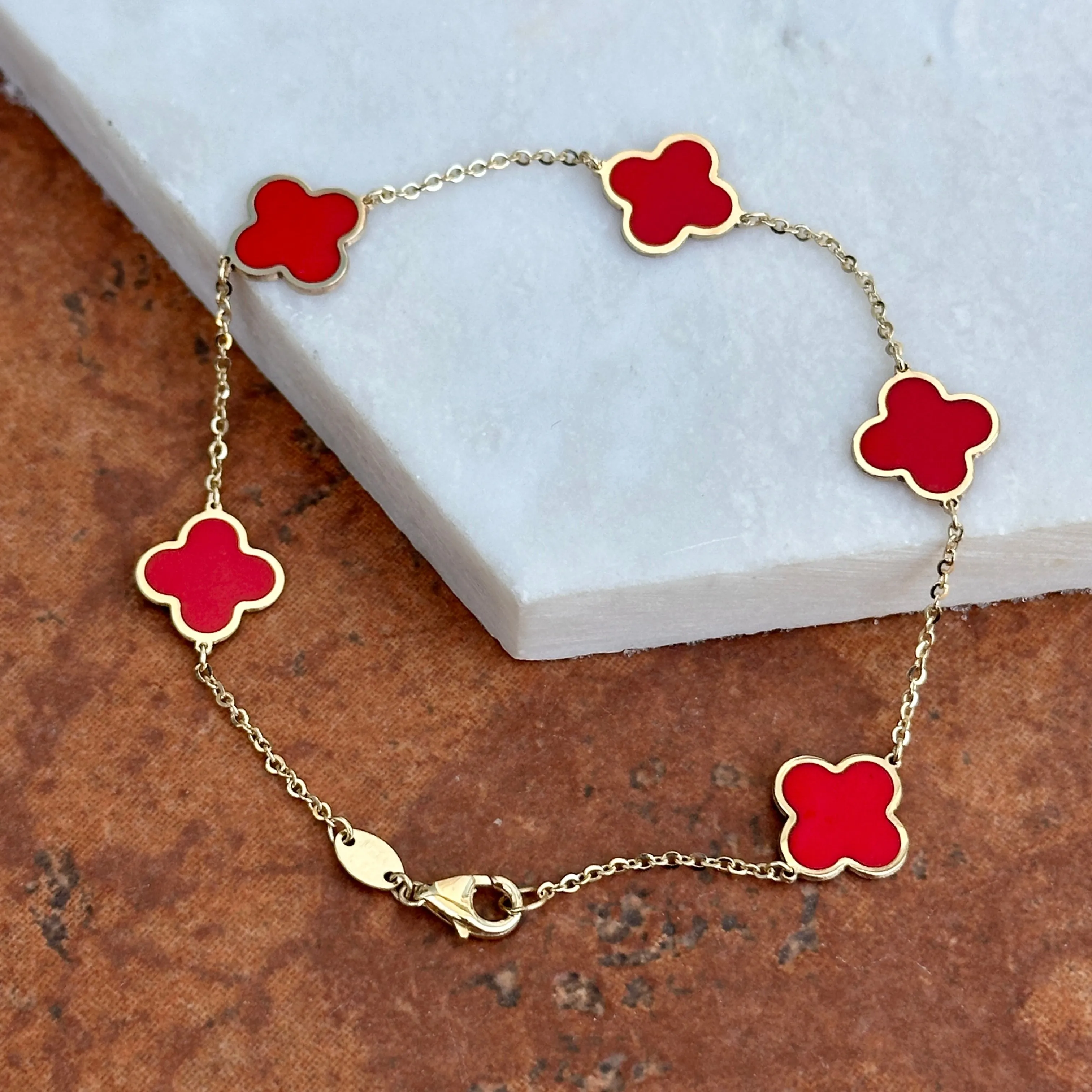 14KT Yellow Gold Red Enamel 10mm 4 Leaf Clover Charm Chain Bracelet