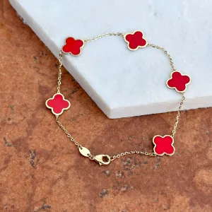 14KT Yellow Gold Red Enamel 10mm 4 Leaf Clover Charm Chain Bracelet