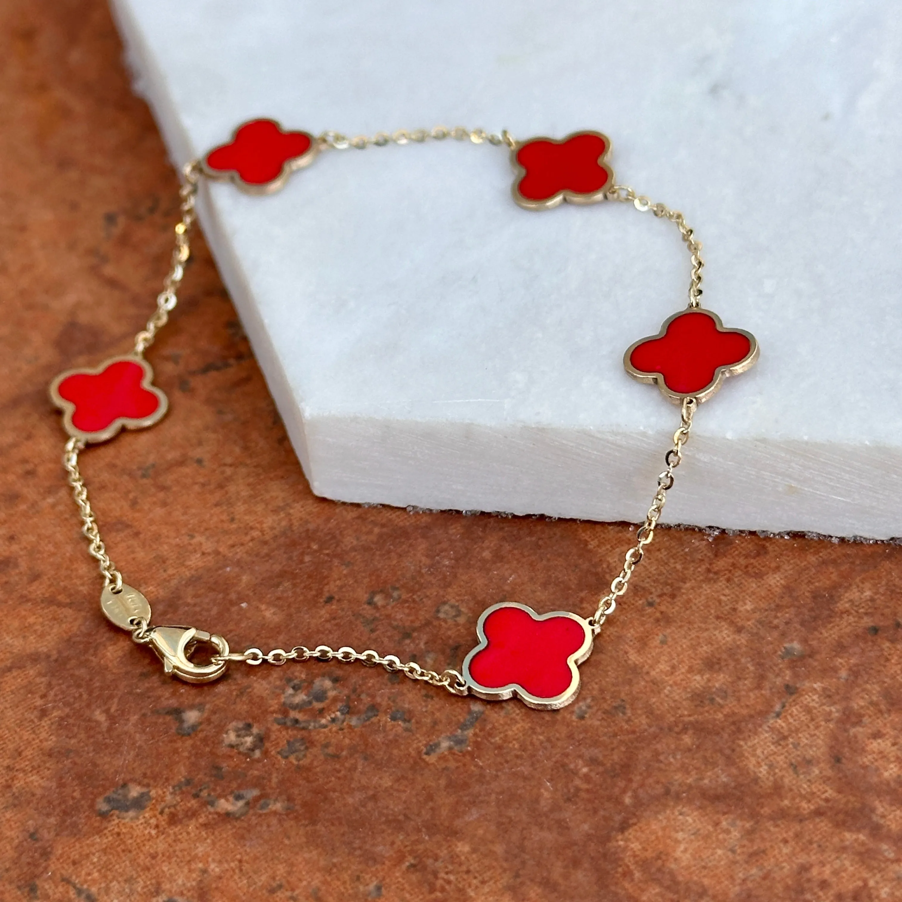 14KT Yellow Gold Red Enamel 10mm 4 Leaf Clover Charm Chain Bracelet