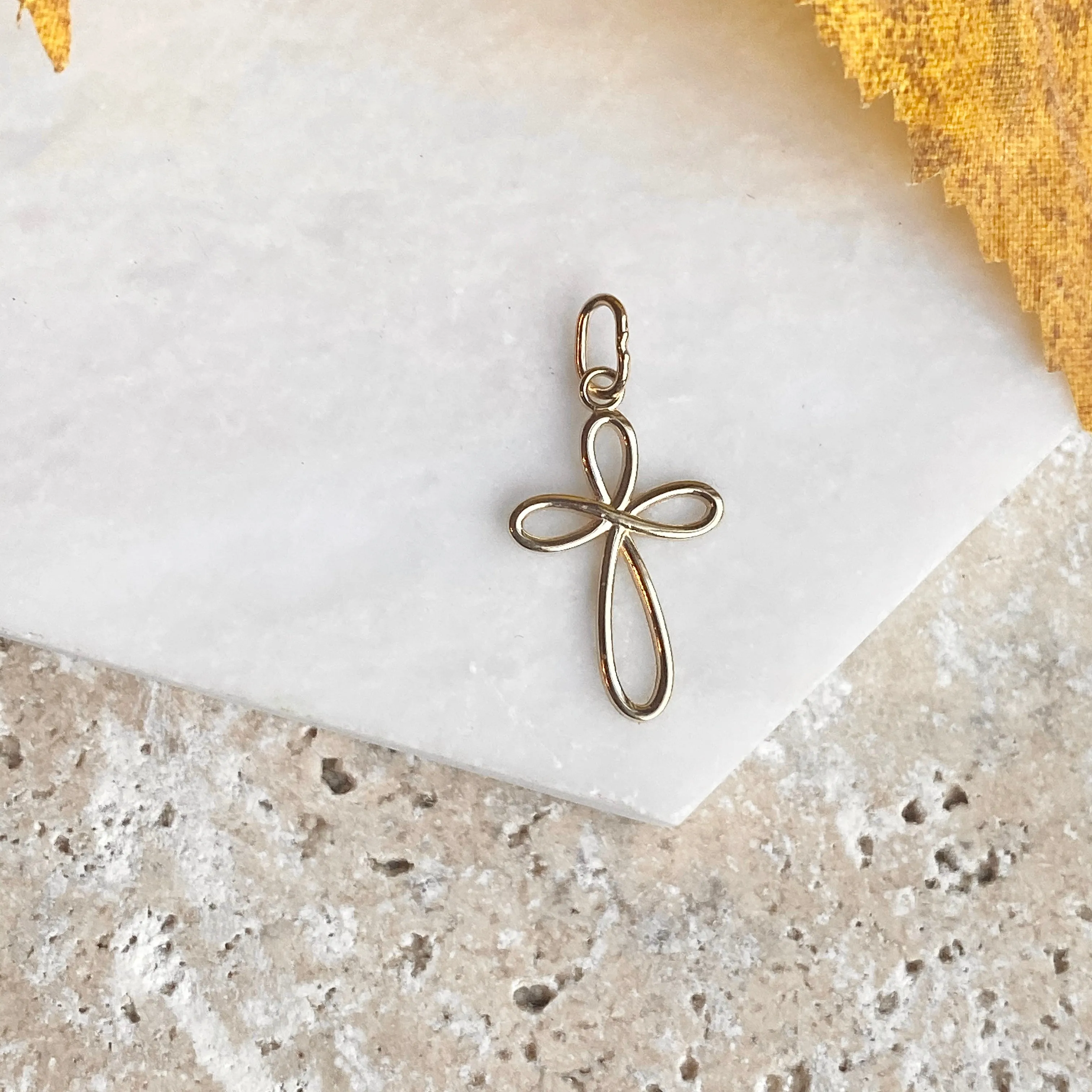 14KT Yellow Gold Small Ribbon Cross Pendant Charm