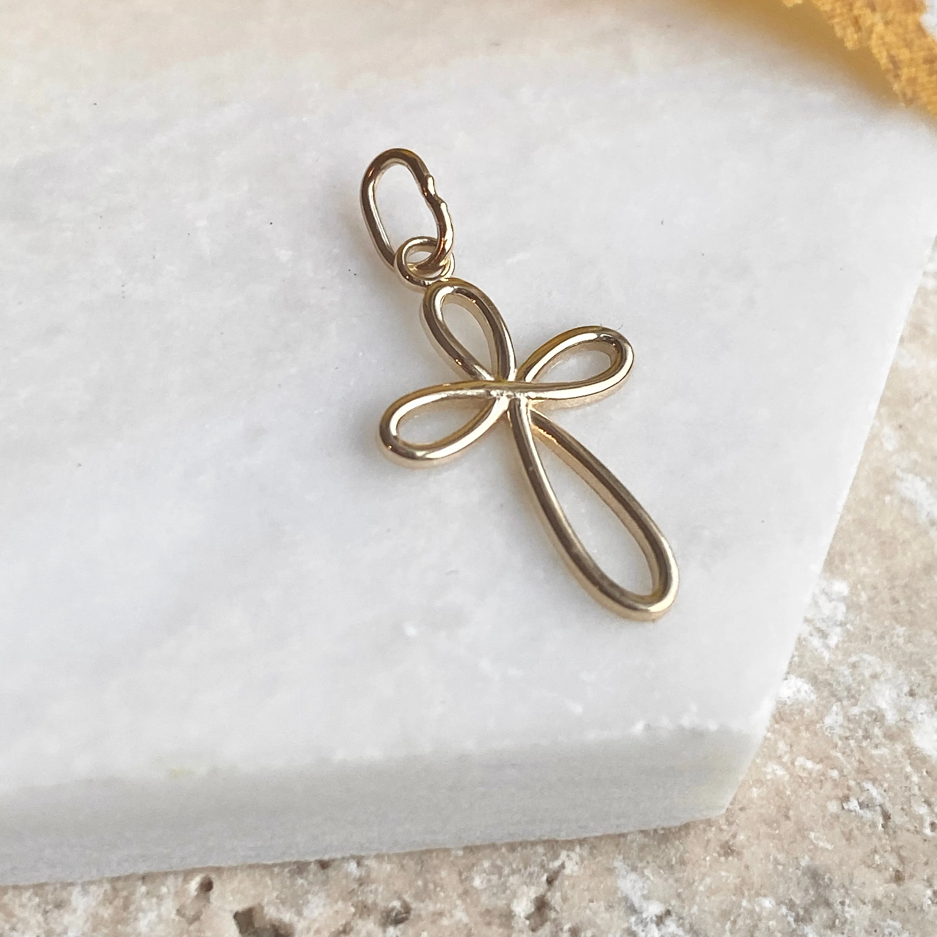 14KT Yellow Gold Small Ribbon Cross Pendant Charm