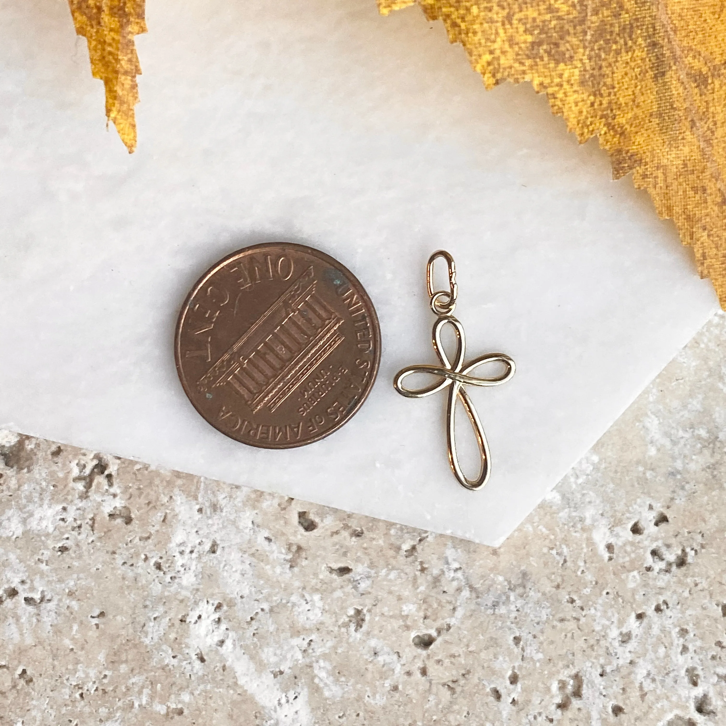 14KT Yellow Gold Small Ribbon Cross Pendant Charm