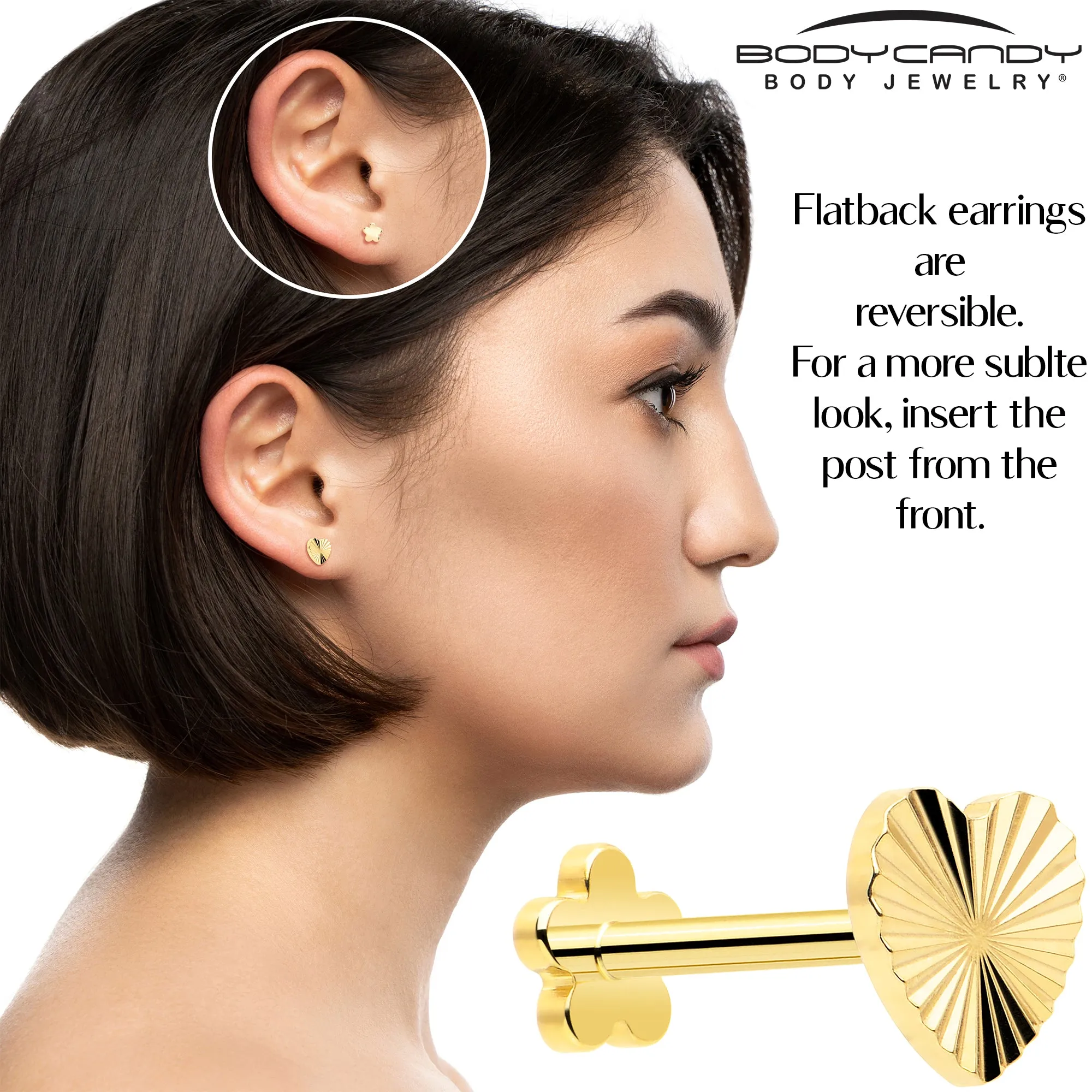 18 Gauge Titanium Flat Back Earring Threadless Reversible Heart