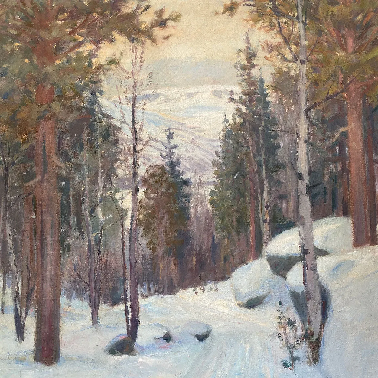 AKSEL P. KNUDSEN Oil on Canvas Painting, Scandinavian Snowy Forest Road
