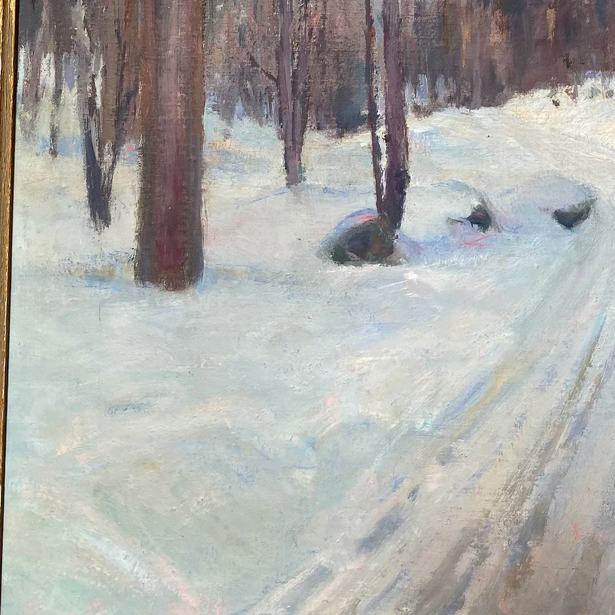 AKSEL P. KNUDSEN Oil on Canvas Painting, Scandinavian Snowy Forest Road