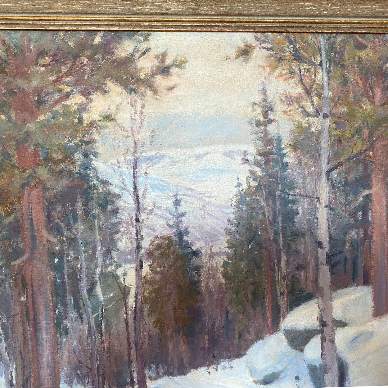 AKSEL P. KNUDSEN Oil on Canvas Painting, Scandinavian Snowy Forest Road
