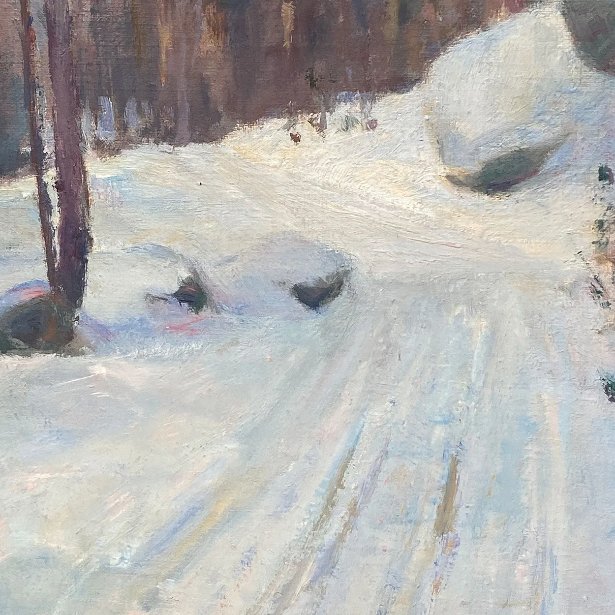AKSEL P. KNUDSEN Oil on Canvas Painting, Scandinavian Snowy Forest Road