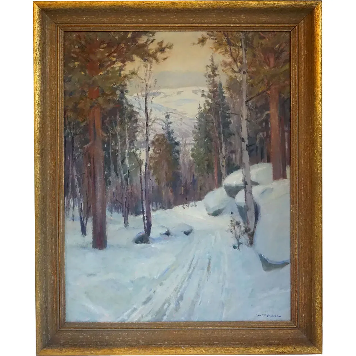 AKSEL P. KNUDSEN Oil on Canvas Painting, Scandinavian Snowy Forest Road