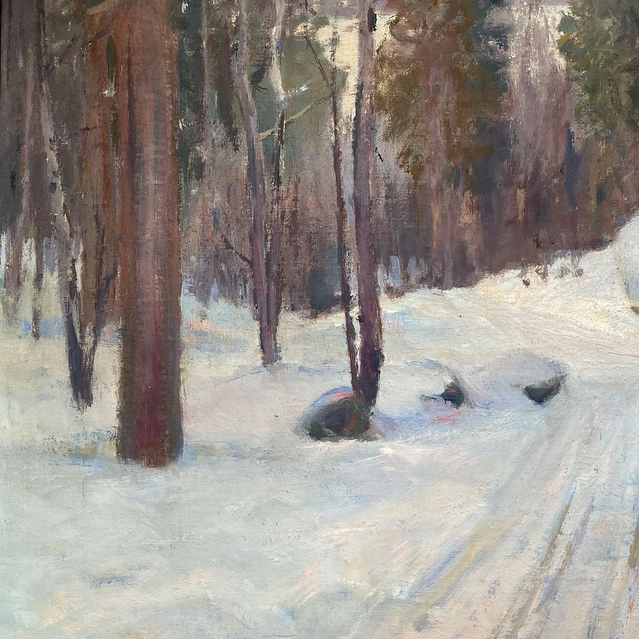 AKSEL P. KNUDSEN Oil on Canvas Painting, Scandinavian Snowy Forest Road