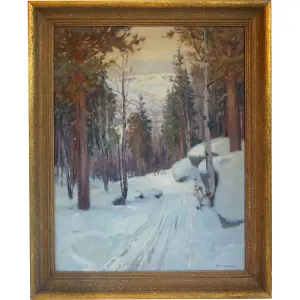 AKSEL P. KNUDSEN Oil on Canvas Painting, Scandinavian Snowy Forest Road