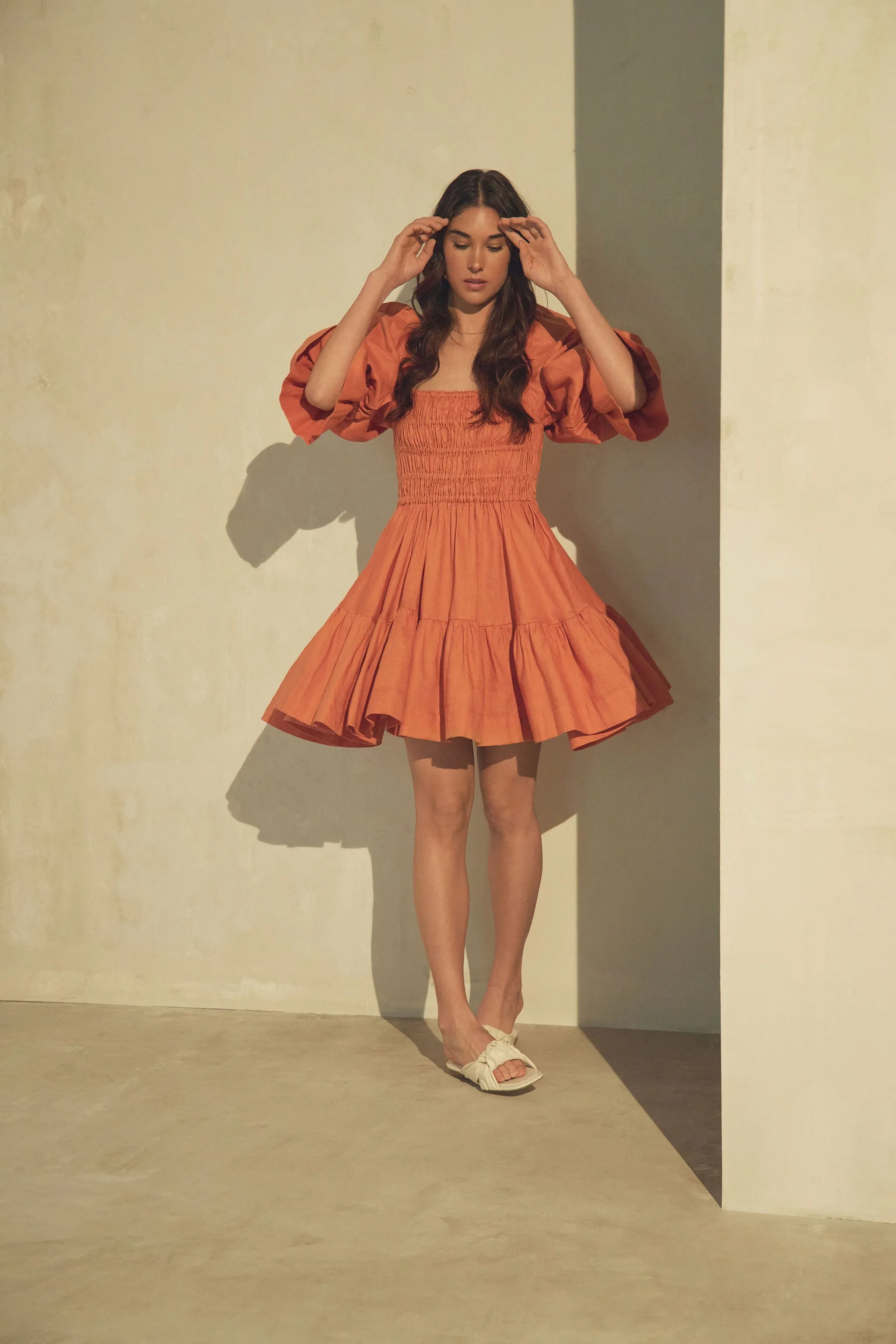 Amelia Ruched Mini Linen Dress in Rust Orange