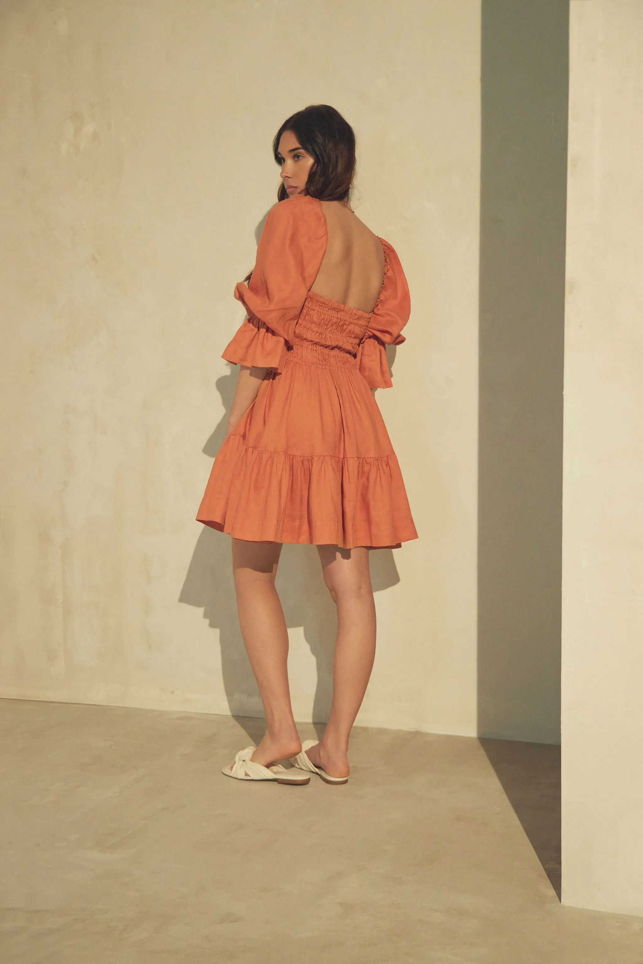 Amelia Ruched Mini Linen Dress in Rust Orange