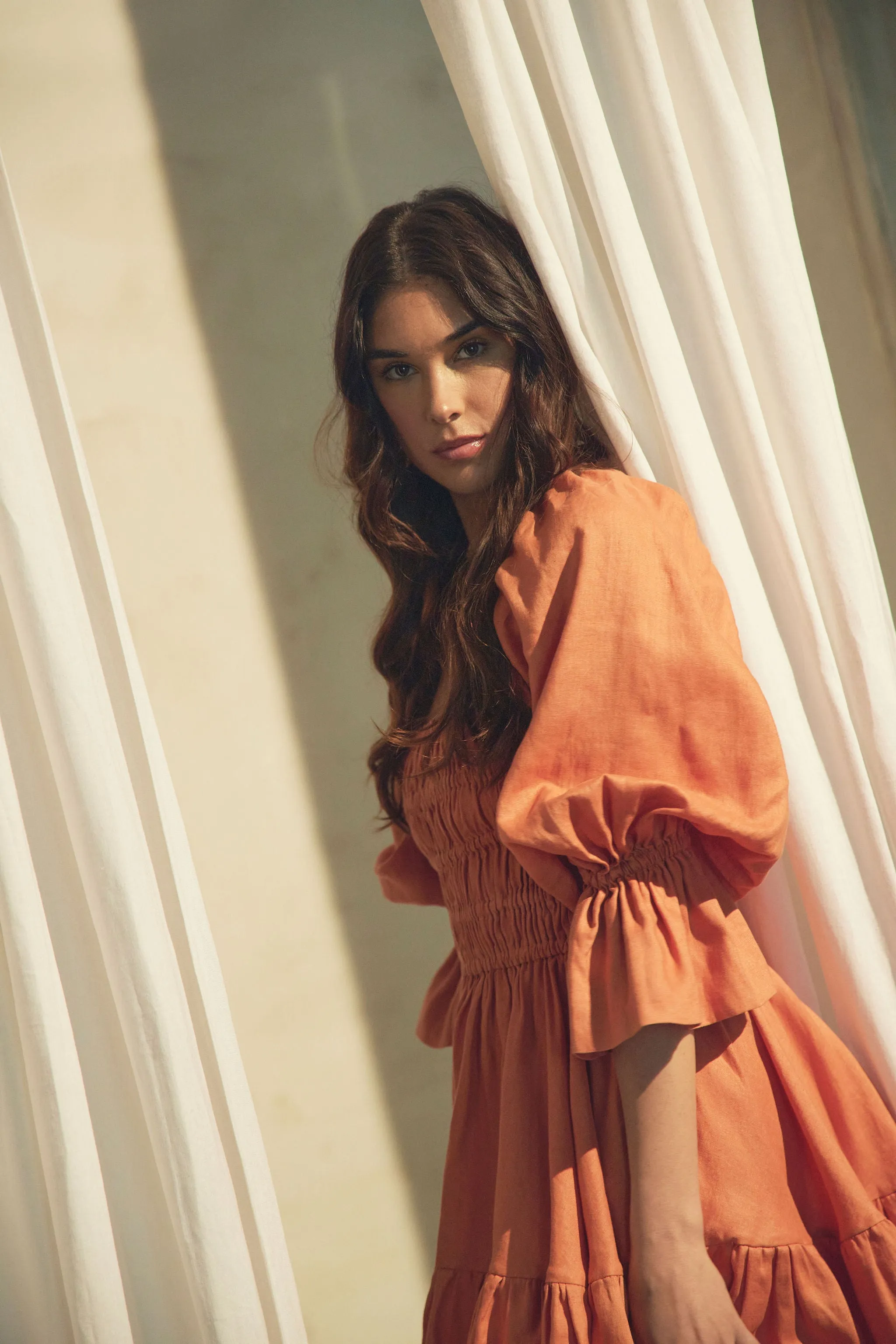 Amelia Ruched Mini Linen Dress in Rust Orange
