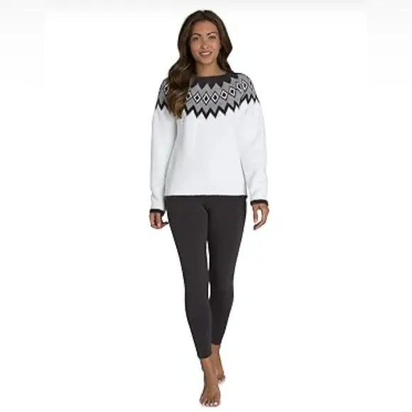 Barefoot Dreams Cozychic Women's Nordic Pullover White Black Fair Isle Size XL