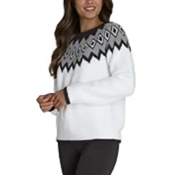 Barefoot Dreams Cozychic Women's Nordic Pullover White Black Fair Isle Size XL