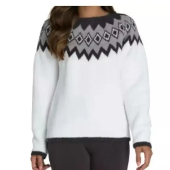 Barefoot Dreams Cozychic Women's Nordic Pullover White Black Fair Isle Size XL