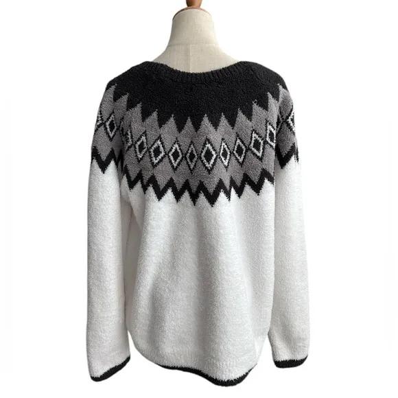 Barefoot Dreams Cozychic Women's Nordic Pullover White Black Fair Isle Size XL