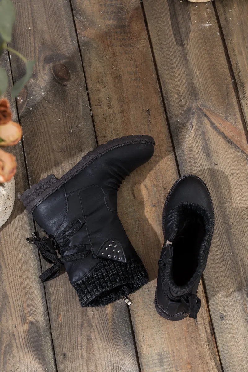 Black Ruched Back Tie-Accent Flat Comfy Combat Boots