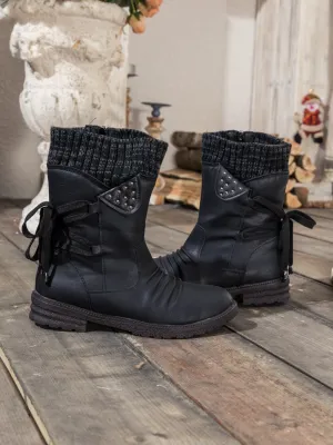 Black Ruched Back Tie-Accent Flat Comfy Combat Boots