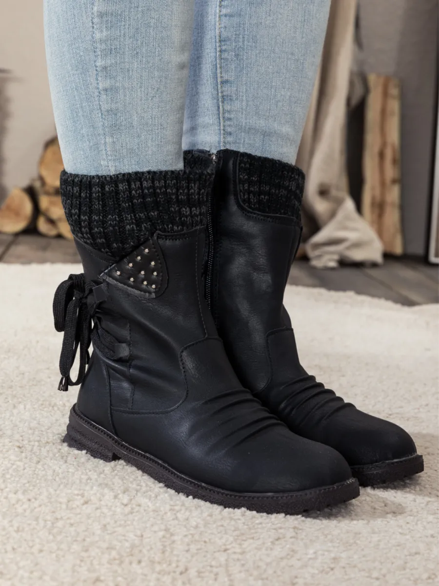 Black Ruched Back Tie-Accent Flat Comfy Combat Boots