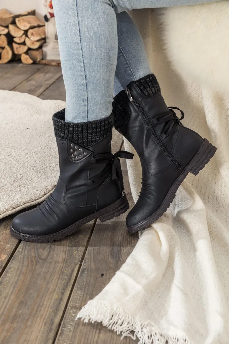 Black Ruched Back Tie-Accent Flat Comfy Combat Boots