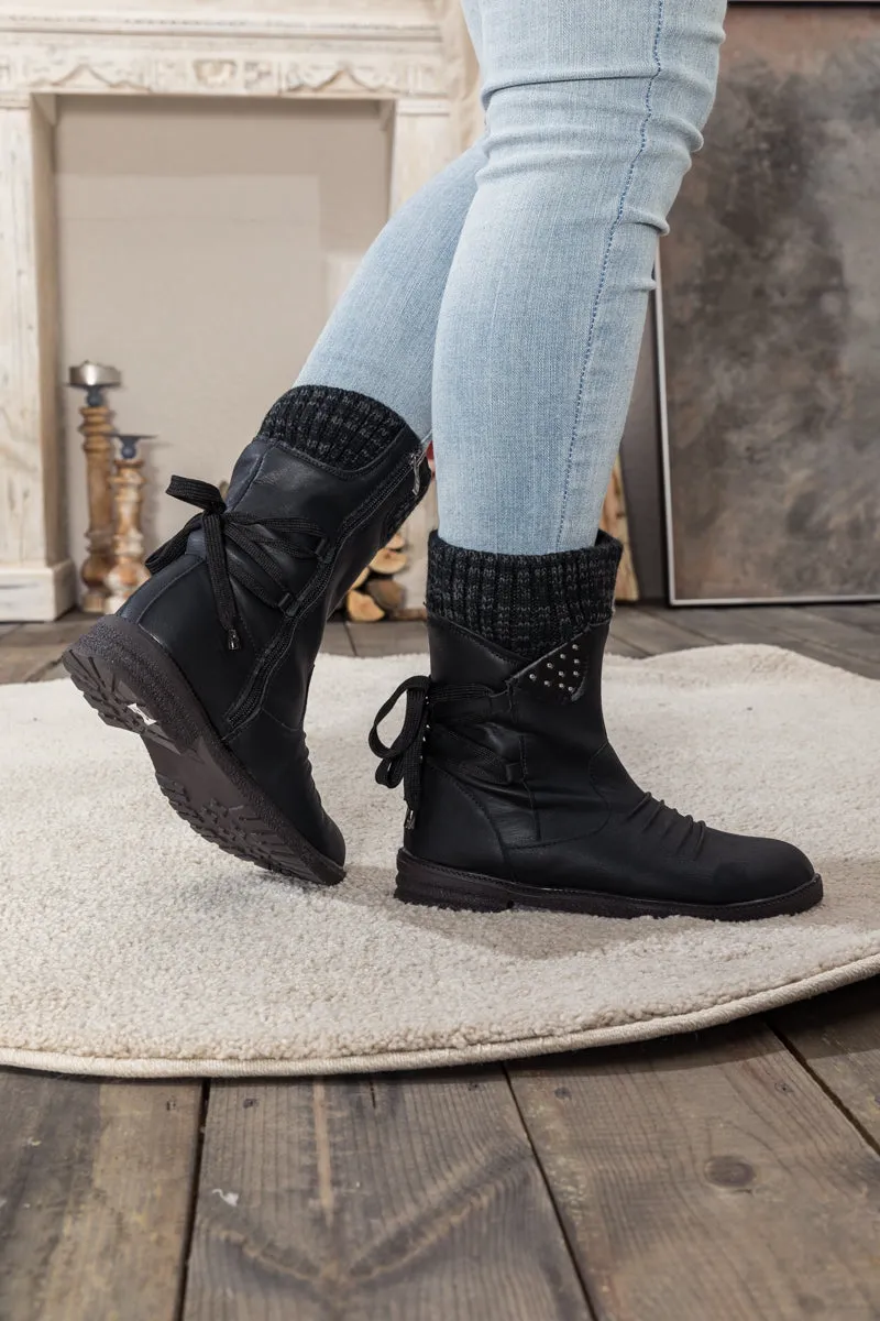 Black Ruched Back Tie-Accent Flat Comfy Combat Boots