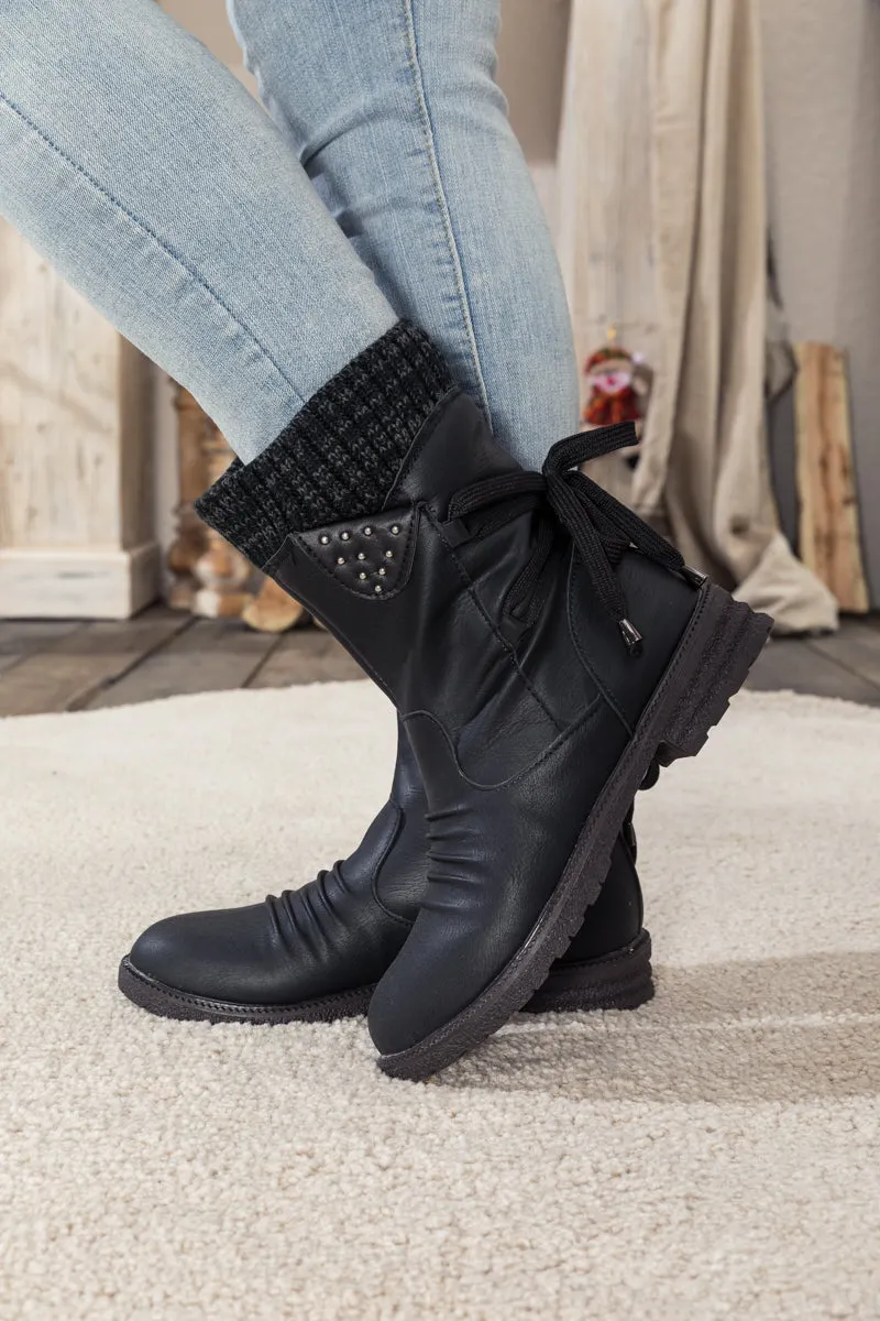Black Ruched Back Tie-Accent Flat Comfy Combat Boots