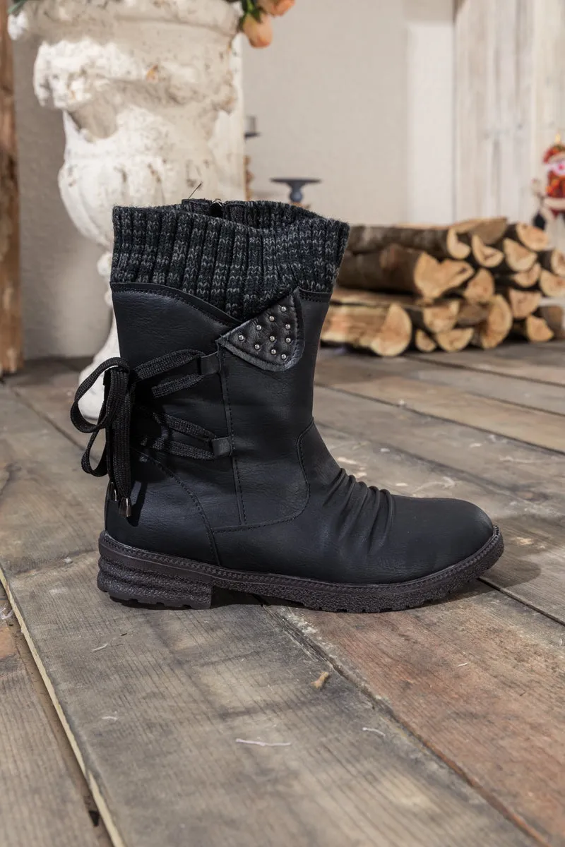 Black Ruched Back Tie-Accent Flat Comfy Combat Boots