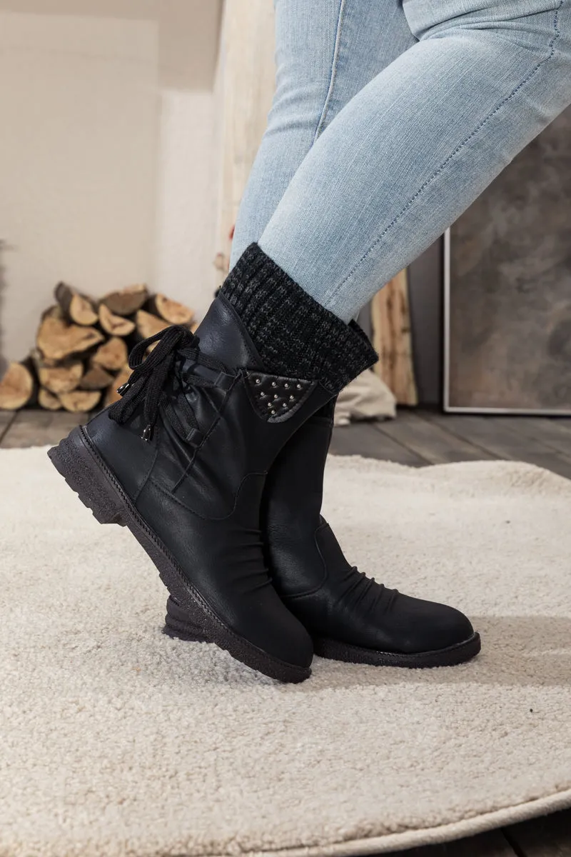Black Ruched Back Tie-Accent Flat Comfy Combat Boots