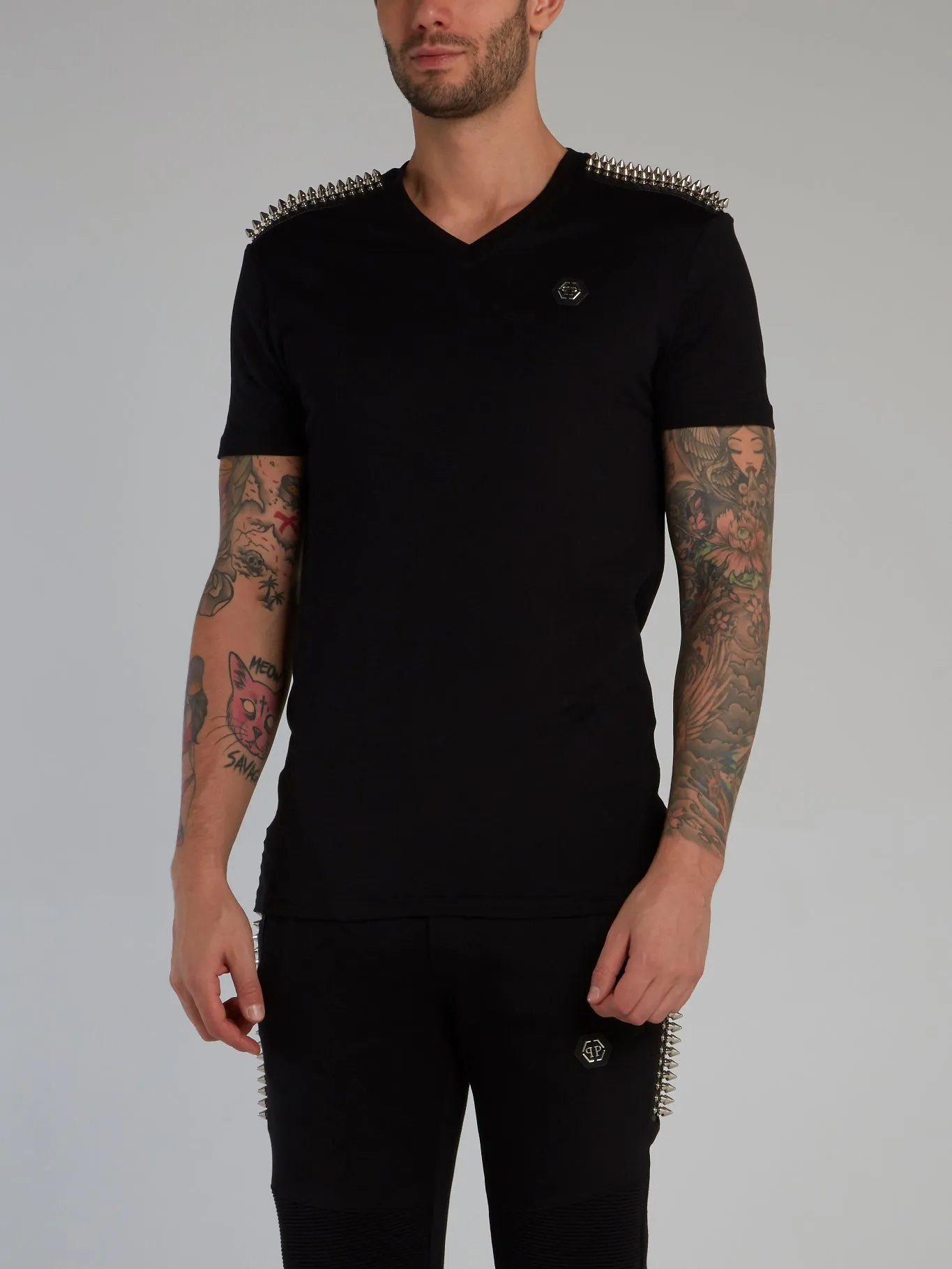 Black Spike Studded V-Neck T-Shirt